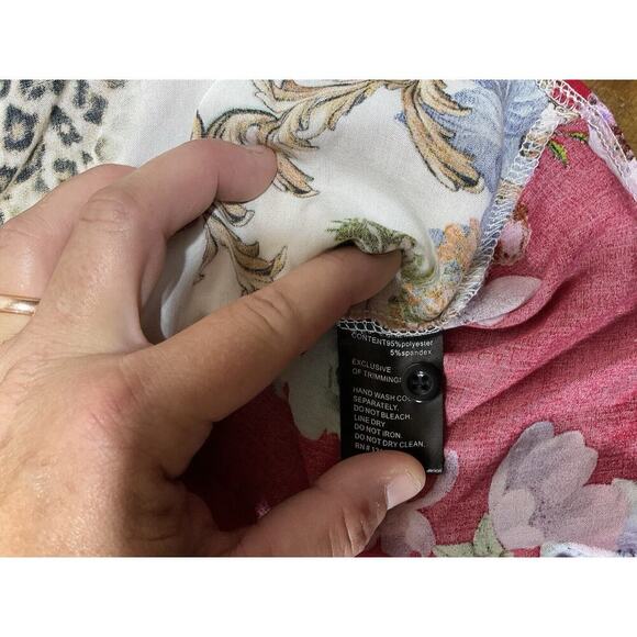 Calessa Top Womens XL Multi Floral Print Mesh Inset Roll Tab Button Shirt - Picture 9 of 12